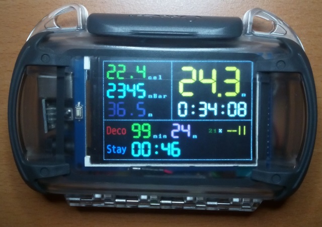 DiveIno in a waterproof case with the test screen displayed