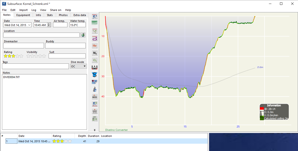 Imported DiveIno profile in Subsurface