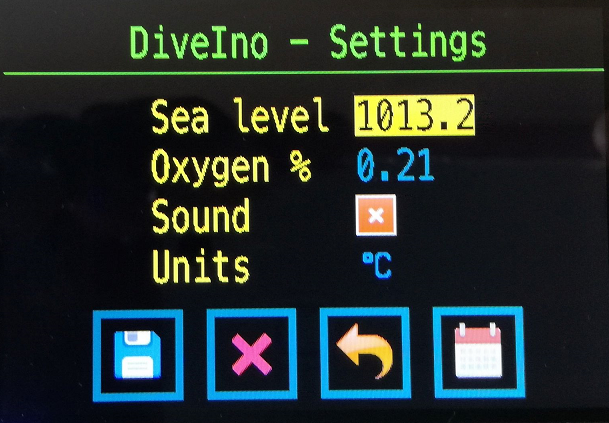 DiveIno Settings screen