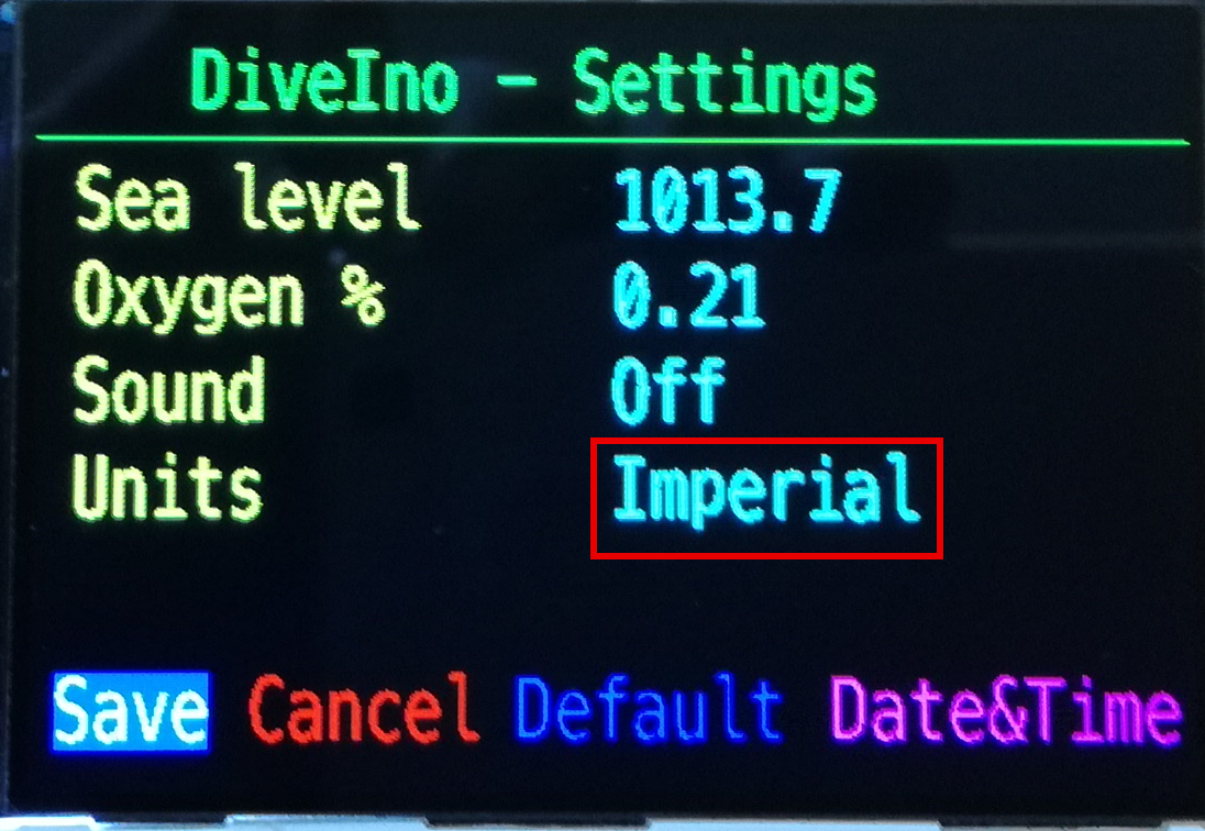 Imperial units were set on the Settings screen