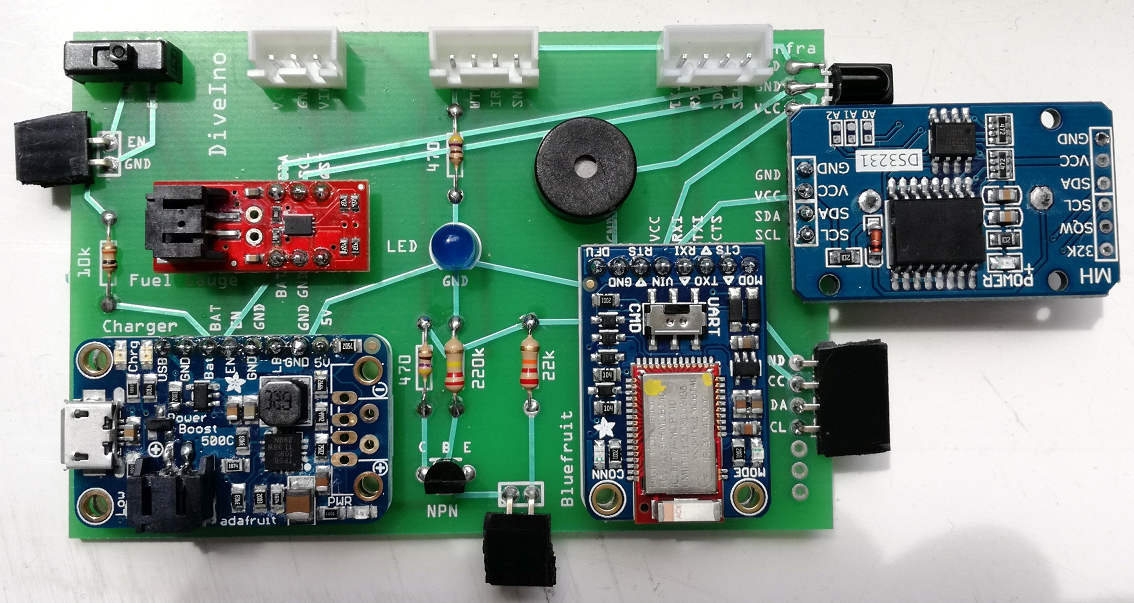 DiveIno Pcb board with soldered parts - Front view