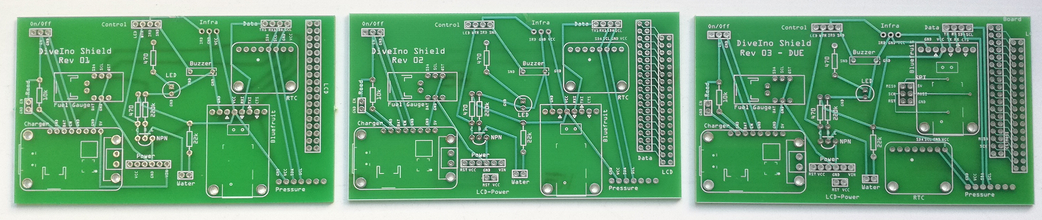 All three DiveIno shield revisions - Front view