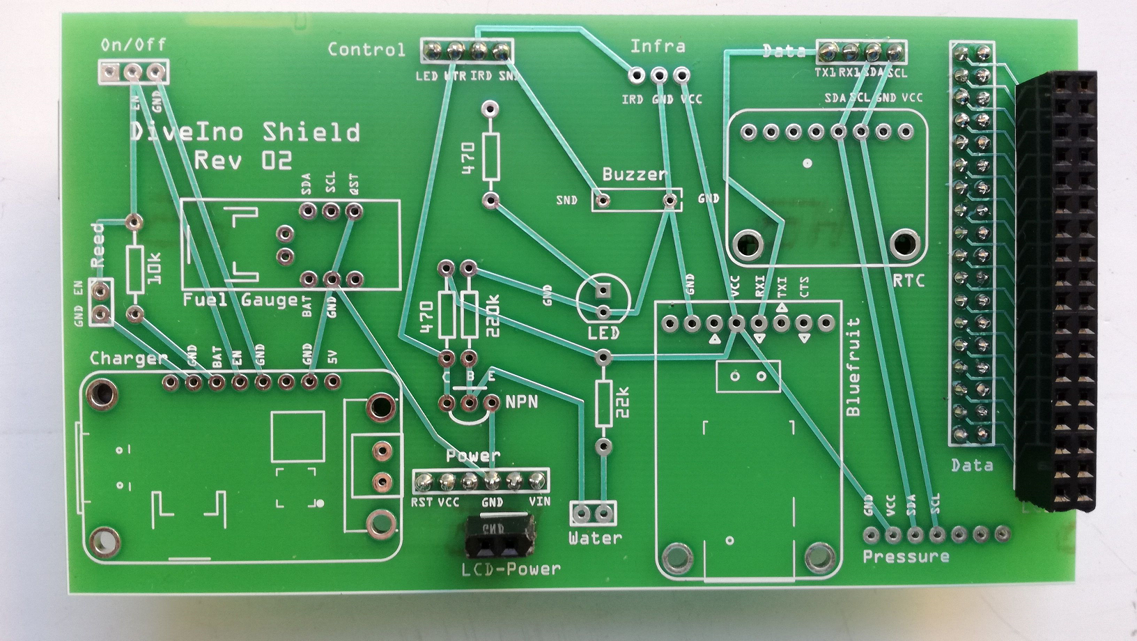 PCB of the DiveIno Arduino Shield - Revision Two - Front view