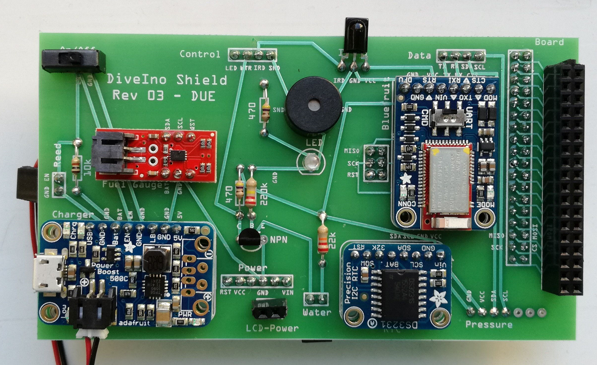 Assembled DiveIno Arduino Shield version - Revision Three - Front view